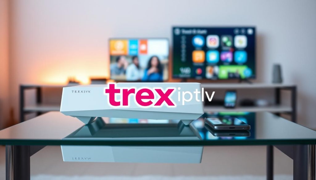 A modern, sleek OTT device sits atop a minimalist glass table, its angular lines and crisp white finish reflecting the clean, contemporary design. Subtle ambient lighting from behind casts a warm glow, highlighting the device's intuitive controls and connections. In the foreground, the trex ott logo stands out, its bold typography and vibrant color palette commanding attention. The middle ground features an array of compatible devices - smart TVs, smartphones, and tablets - seamlessly connected to the OTT system, showcasing its versatility. The background blurs into a soft, neutral tone, allowing the focus to remain on the central device and its ecosystem.
